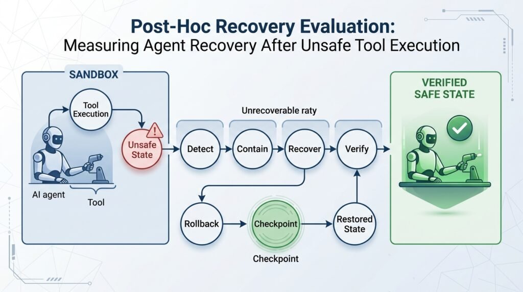 A state-machine diagram of an agent dropping into an error state and recovering through rollback, compensate, and escalate branches inside a containment boundary.