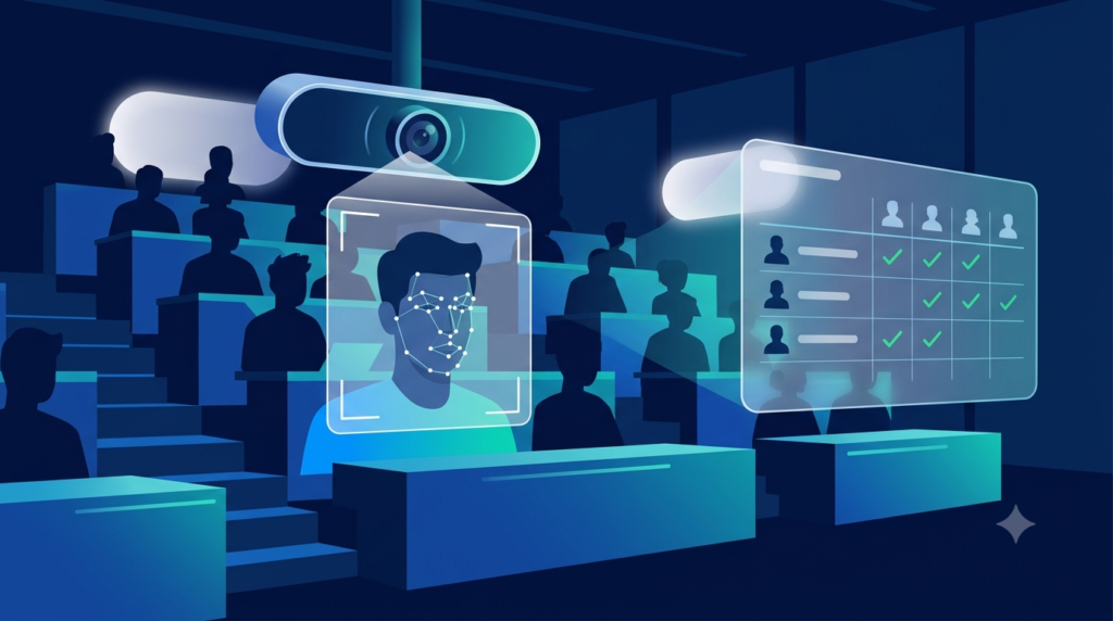 Research concept showing facial recognition technology for automated campus attendance with face detection landmarks and attendance tracking