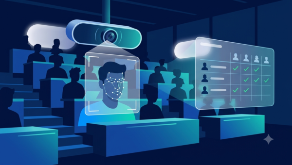 Research concept showing facial recognition technology for automated campus attendance with face detection landmarks and attendance tracking