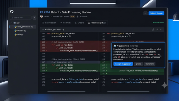 AI code review interface showing suggested improvements on Python code