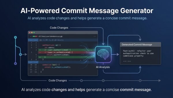 Terminal with a Git diff and a suggested conventional commit message awaiting review.
