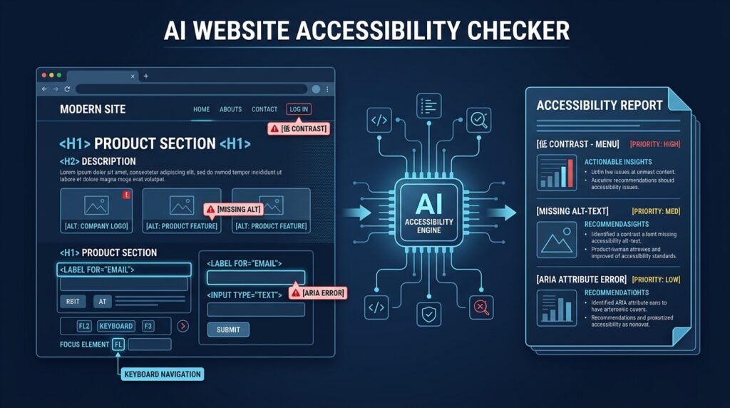 Web page with highlighted accessibility issues next to an audit panel showing severity-tagged findings and a human-reviewable fix suggestion.
