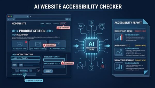 Web page with highlighted accessibility issues next to an audit panel showing severity-tagged findings and a human-reviewable fix suggestion.