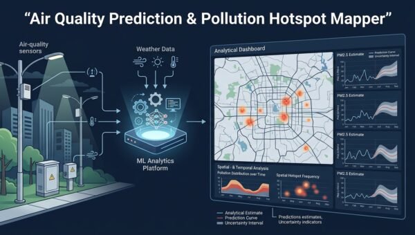 Sensor and weather data flowing into an ML pipeline that outputs an AQI forecast with an uncertainty band and a city pollution hotspot map.