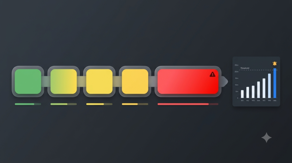 CI/CD pipeline performance analyzer dashboard showing build stages with timing data and bottleneck detection