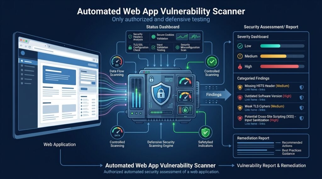 Vulnerability scanner dashboard with an authorized-target badge, security checks, and a severity-ranked findings list.