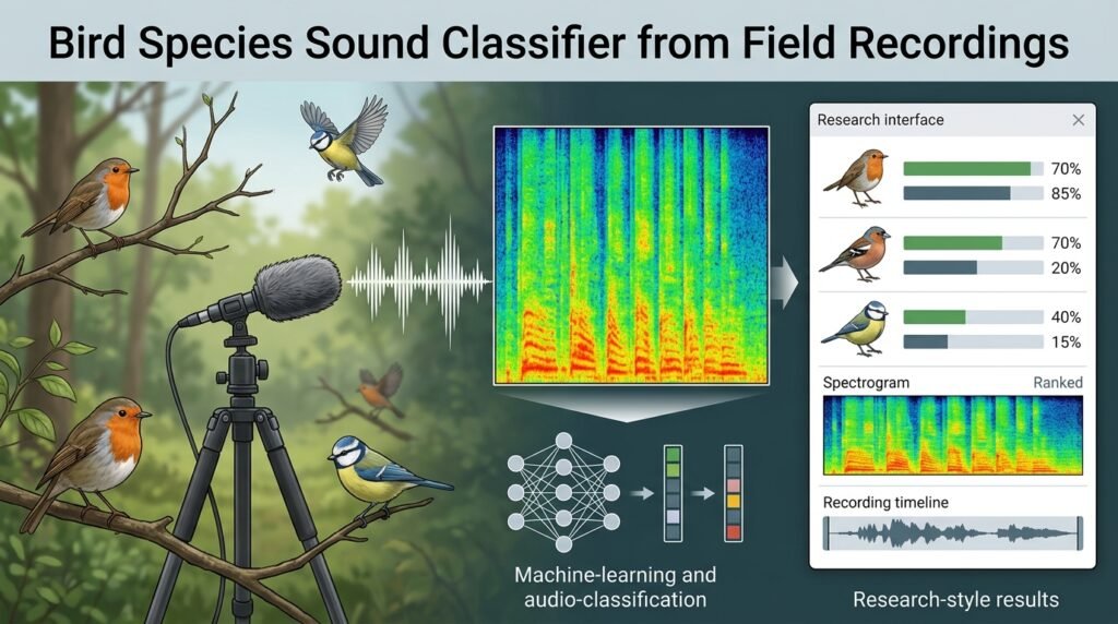 A bird's song flowing into a mel-spectrogram panel and a species-suggestion list with per-species confidence bars and a verify-with-reference-audio chip.
