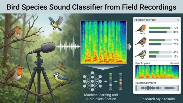 A bird's song flowing into a mel-spectrogram panel and a species-suggestion list with per-species confidence bars and a verify-with-reference-audio chip.