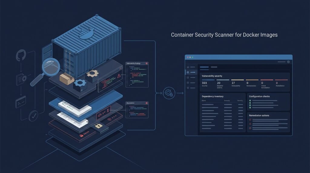Docker image layers being inspected into a severity-sorted vulnerability report with a policy pass-or-fail gate for CI review.