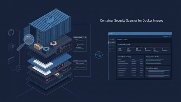 Docker image layers being inspected into a severity-sorted vulnerability report with a policy pass-or-fail gate for CI review.