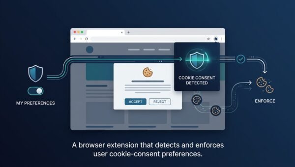 Cookie consent enforcement extension popup with per-site storage rules and a blocked storage log.
