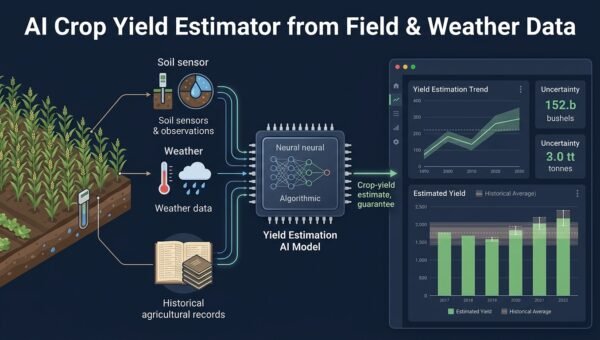 Field and weather data flowing into an ML pipeline that outputs a crop yield estimate with an uncertainty range and feature contribution bars.