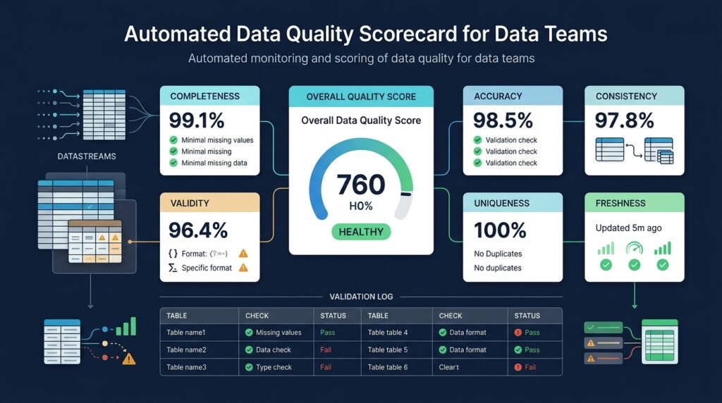 Data quality scorecard dashboard with completeness, uniqueness, validity, and timeliness scores and trend charts.