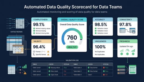 Data quality scorecard dashboard with completeness, uniqueness, validity, and timeliness scores and trend charts.
