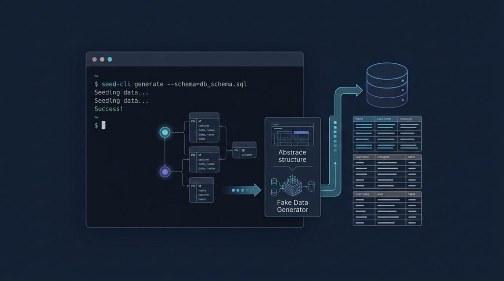 Database seeding CLI terminal with a schema diagram and generated realistic data table.