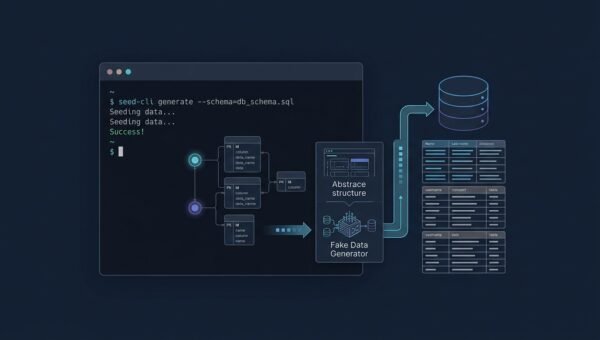 Database seeding CLI terminal with a schema diagram and generated realistic data table.