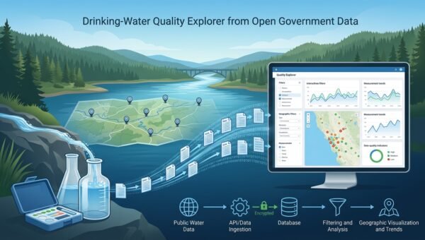 A watershed map with monitoring-site pins flowing into labeled water-measurement data cards and a chart panel showing a time series with a clearly labeled reference-context band and a coverage checklist highlighting data gaps.