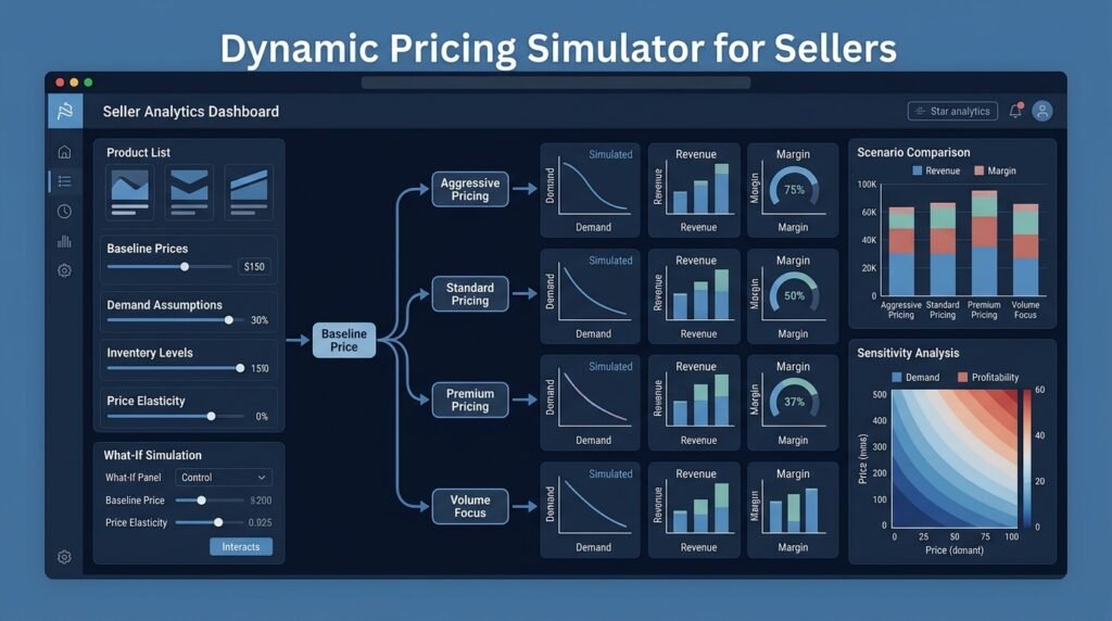 Seller pricing dashboard comparing a baseline with a simulated pricing scenario, labeled as simulated with an elasticity sensitivity toggle.