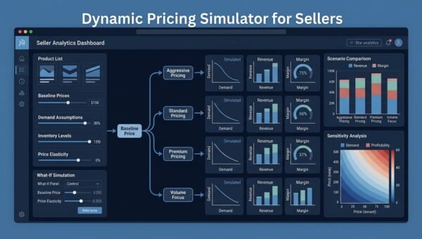 Seller pricing dashboard comparing a baseline with a simulated pricing scenario, labeled as simulated with an elasticity sensitivity toggle.