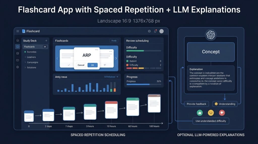 Flashcard review screen with a transparent interval schedule panel and a clearly labeled generated explanation for a missed card.