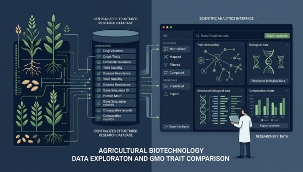 Research explorer comparing crop trait records across varieties with per-value source badges, conflict flags, and a provenance-tracked export panel.
