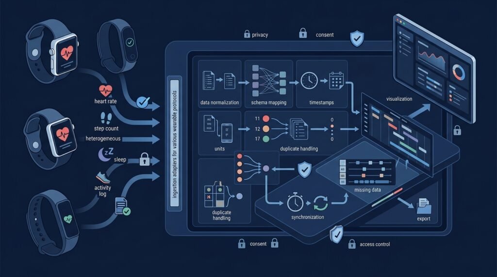 Watch and phone data streams merging into a unified local dashboard with provenance labels and an on-device privacy indicator.