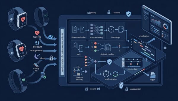 Watch and phone data streams merging into a unified local dashboard with provenance labels and an on-device privacy indicator.