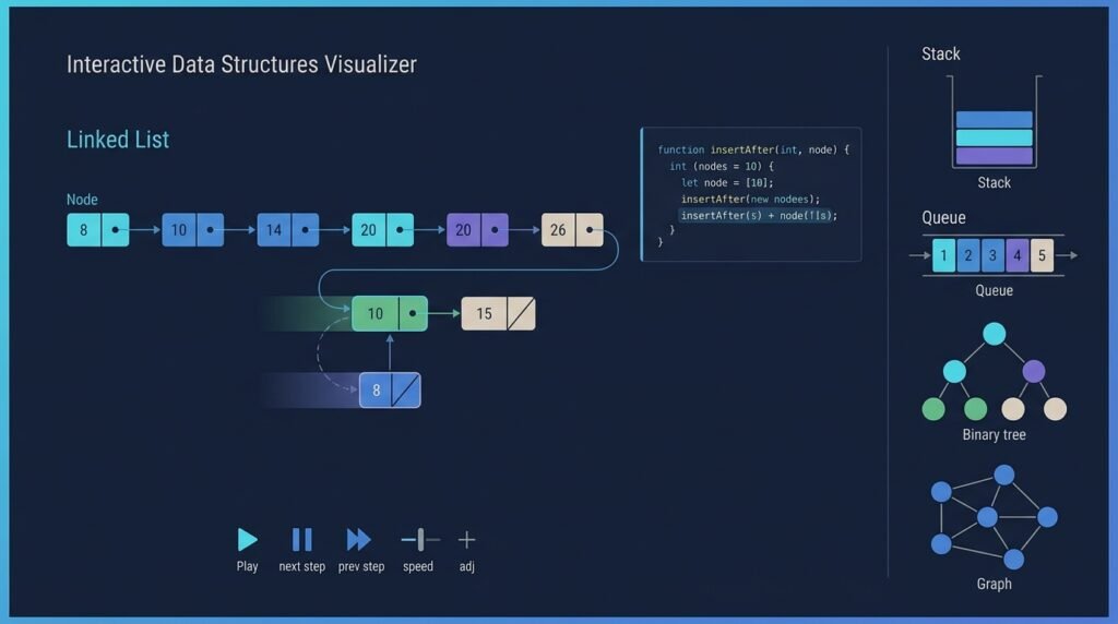 Educational dashboard animating a linked-list insertion with a highlighted code line and playback controls.
