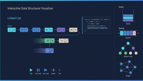 Educational dashboard animating a linked-list insertion with a highlighted code line and playback controls.