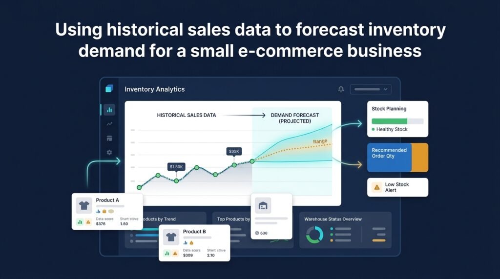 Inventory forecasting dashboard with a demand forecast line, confidence band, and reorder point markers.