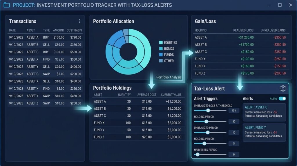 Portfolio dashboard with a holdings table, cost-basis figures, and an informational wash-sale review alert labeled as sample data.