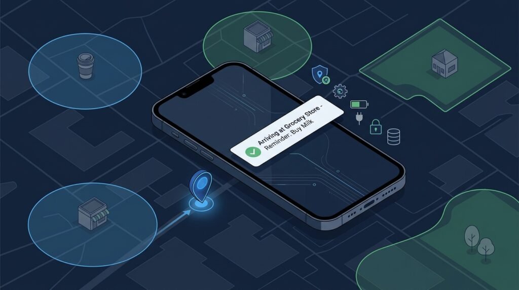 Phone map with a geofence circle and an enter-trigger reminder card next to a plain-language location permission prompt.