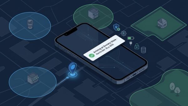 Phone map with a geofence circle and an enter-trigger reminder card next to a plain-language location permission prompt.