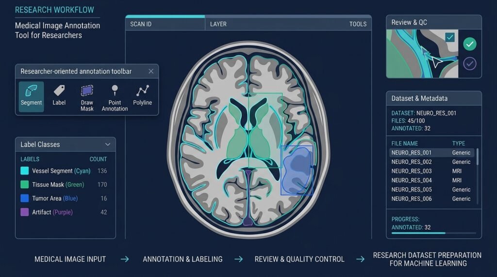 Medical image annotation workspace with a bounding box and mask overlay, a review panel, and a research-use-only badge.