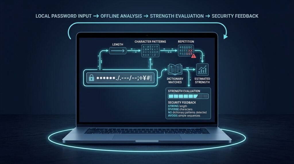 Local password analyzer card with a masked input, a strength band, and reason chips under a "runs on your device" indicator.