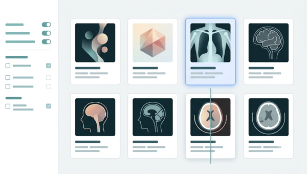 Medical dataset explorer interface showing searchable catalog of healthcare AI datasets with imaging thumbnails and metadata