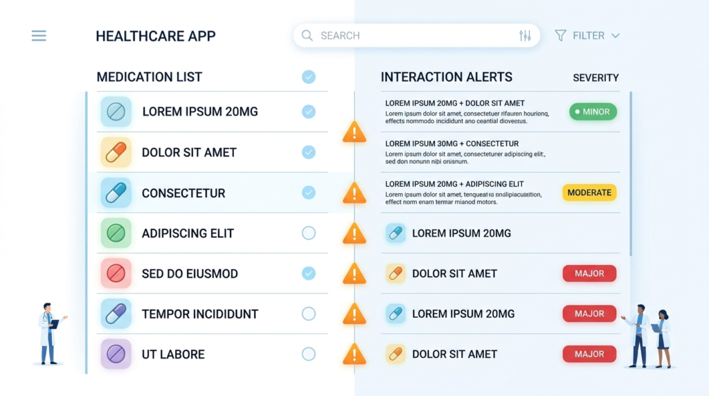 Medication interaction checker app showing drug interaction warnings
