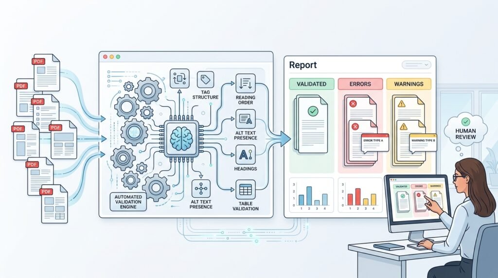 A stack of PDFs flowing through a standards checker into per-document report cards showing violation category badges, a ranked worst-list, a trend arrow, and one document routed to a human-review lane.