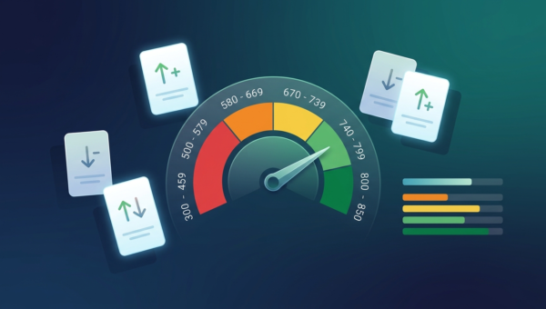 Credit score simulator showing how financial actions like paying off cards or missing payments affect credit score
