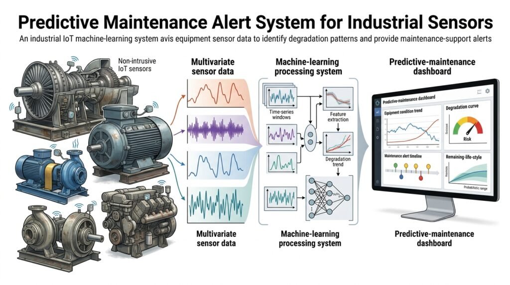 Industrial machine sensors feeding a degradation curve that crosses an alert threshold, lighting up a maintenance dashboard with unit statuses and a remaining-life estimate.
