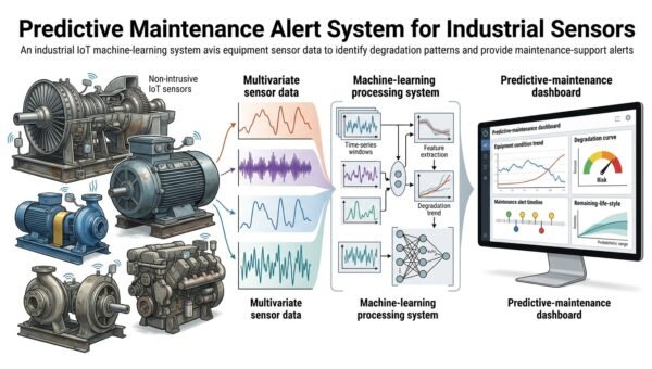 Industrial machine sensors feeding a degradation curve that crosses an alert threshold, lighting up a maintenance dashboard with unit statuses and a remaining-life estimate.
