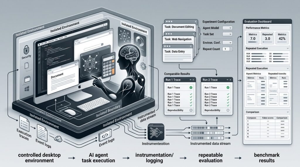 Sandboxed desktop screens with agent cursors executing benchmark tasks, their run traces flowing into an execution-checker panel that shows pass/fail bars, a failure-category chart, and a reproducibility replay chip.