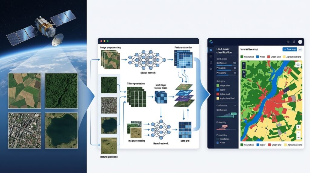 Sentinel-2 satellite imagery flowing into a land-cover classification panel with labeled terrain patches, per-class confidence bars, and a confusion matrix thumbnail.