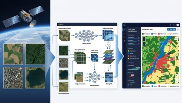 Sentinel-2 satellite imagery flowing into a land-cover classification panel with labeled terrain patches, per-class confidence bars, and a confusion matrix thumbnail.