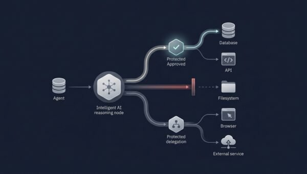 An agent tool-call path entering a central risk-gauge checkpoint that routes it to execute, refuse, or delegate branches, beside a small abstract security-utility frontier curve.
