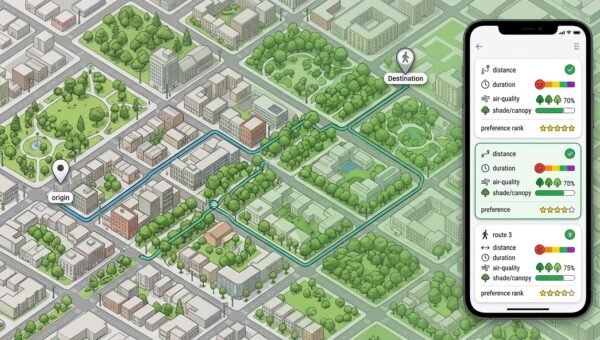 A city map comparing a direct exposed walking route and a greener shaded alternative, with air-quality and canopy chips and a scoring panel ranking both options.