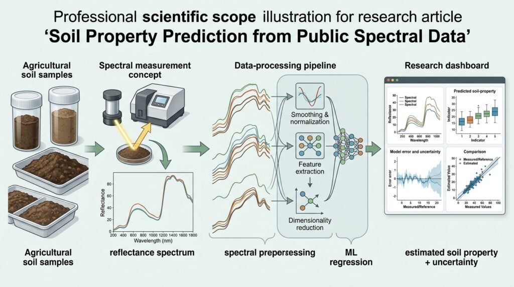 A soil sample's reflectance spectrum feeding a regression panel that predicts organic carbon and pH with uncertainty ranges and a predicted-versus-measured lab comparison.