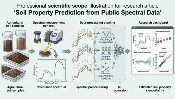A soil sample's reflectance spectrum feeding a regression panel that predicts organic carbon and pH with uncertainty ranges and a predicted-versus-measured lab comparison.