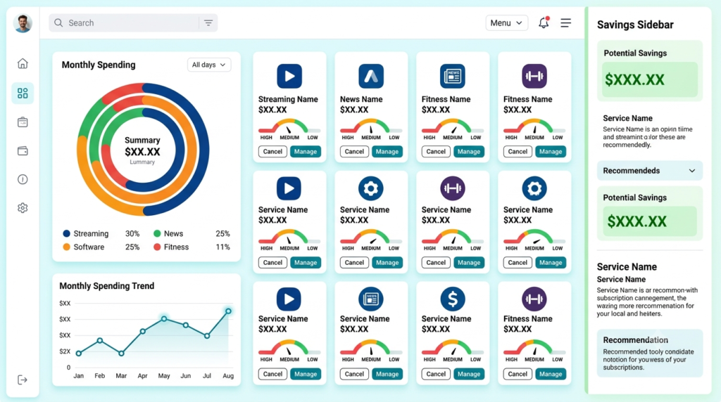 Subscription manager showing monthly spending breakdown by category