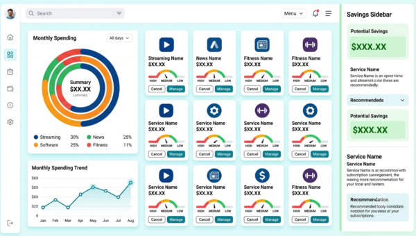 Subscription manager showing monthly spending breakdown by category